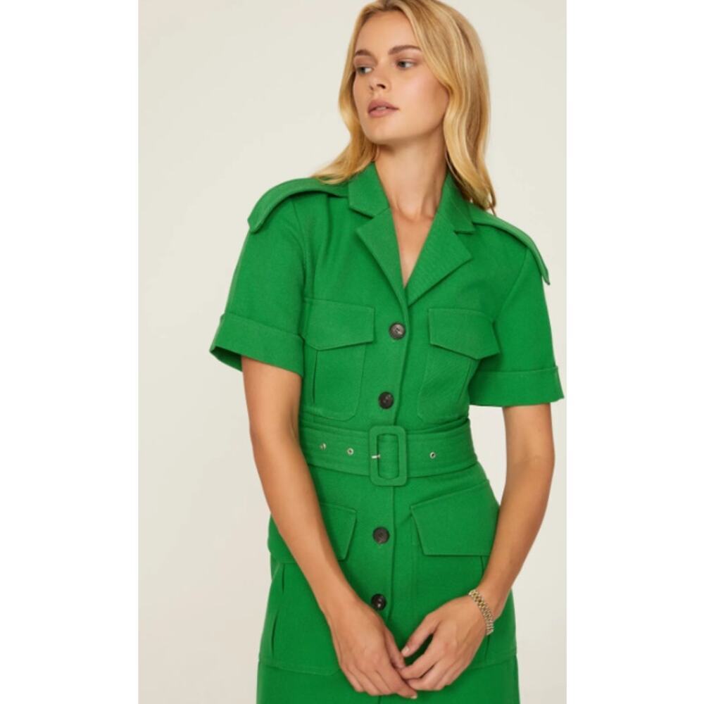 Victoria Beckham Belted Wool-gabardine Shirt Dress In Green - Picture 3 of 12